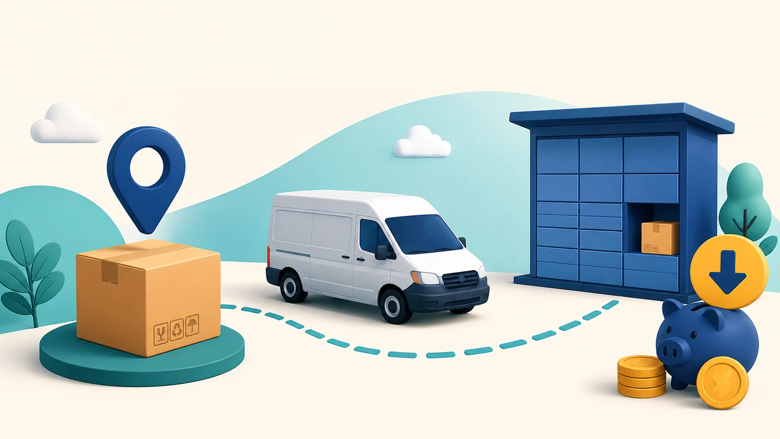 Paket, Lieferfahrzeug und Abholstation als Illustration zum Versandkostensparen