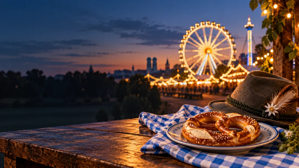 Trachtenhut, Brezel und blau-weißes Tuch vor einem beleuchteten Riesenrad