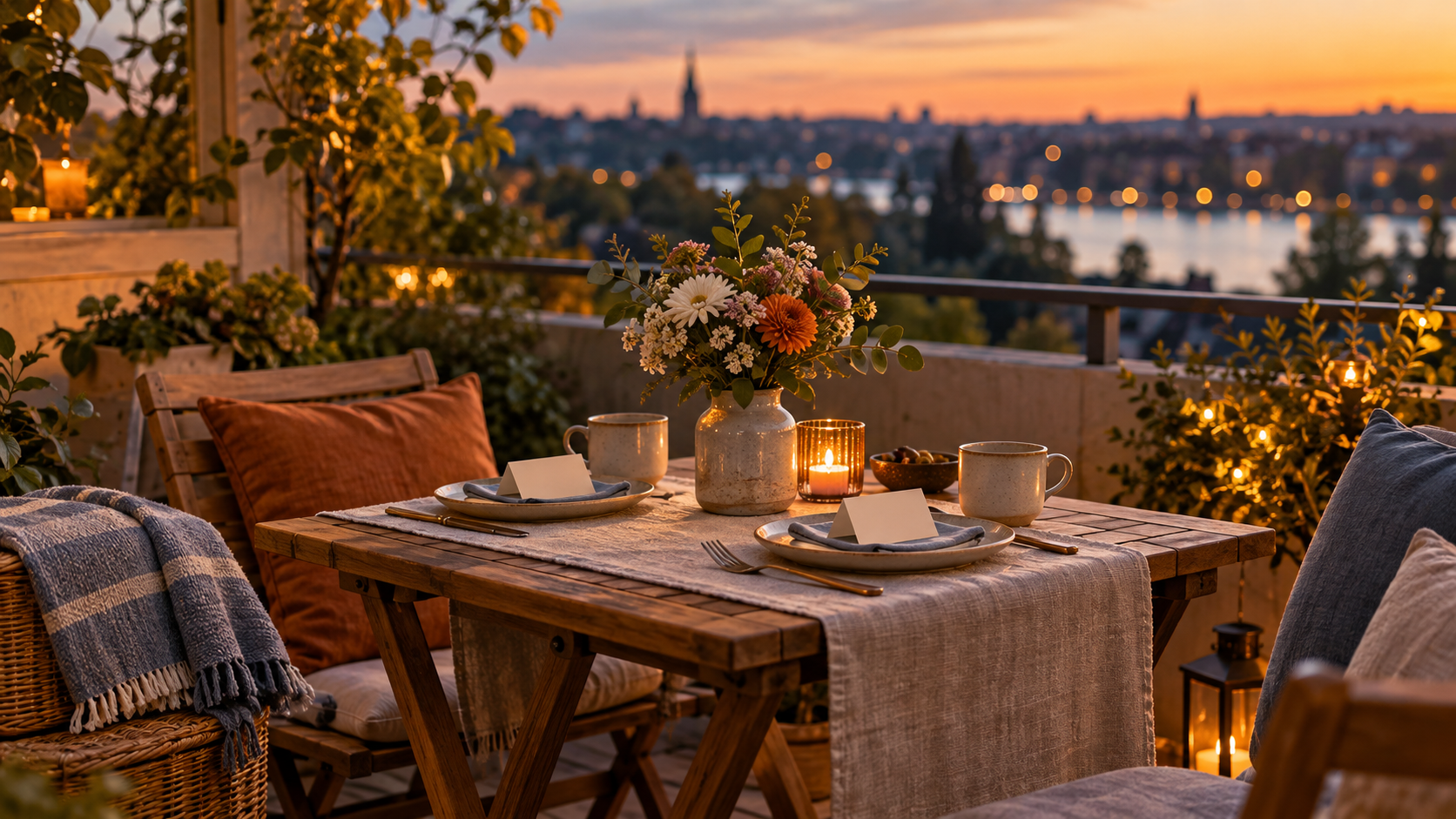 Für zwei gedeckter Tisch mit Blumen und Kerzenlicht auf einer Terrasse