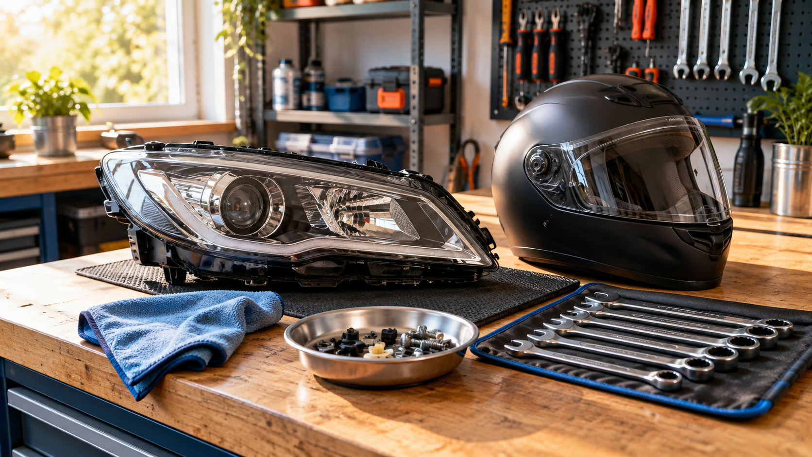 Autoscheinwerfer, Motorradhelm und Werkzeug auf einer Werkbank