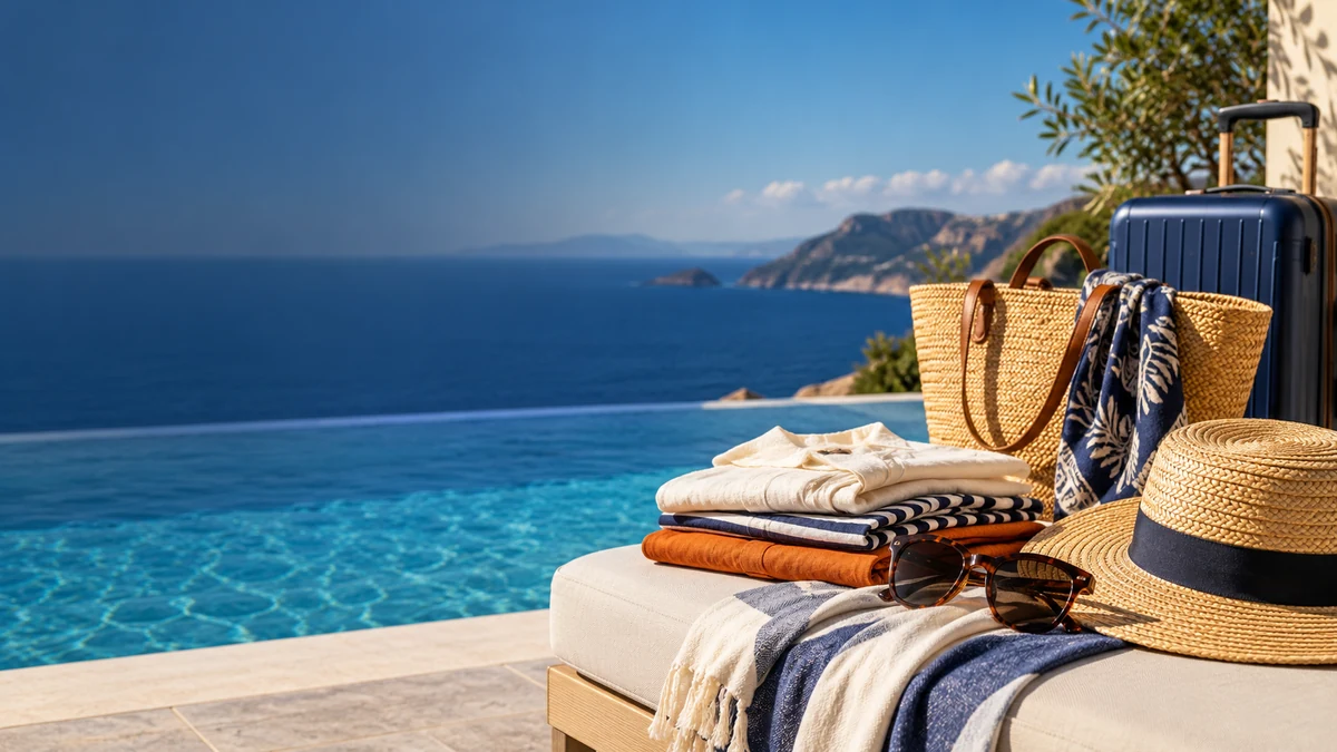 Sommerkleidung, Sonnenhut, Tasche und Koffer an einem Pool mit Meerblick