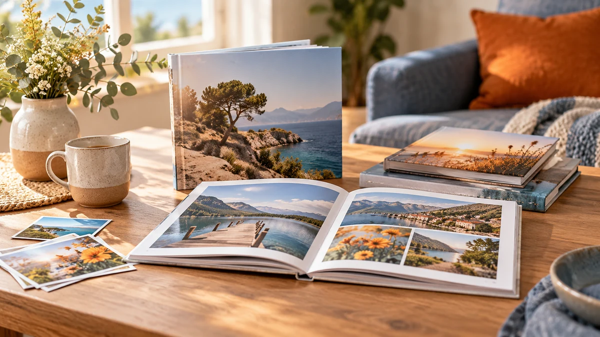 Typische unbeschriftete Produkte und Gegenstände aus dem Bereich Fotobücher in einem redaktionellen Stillleben
