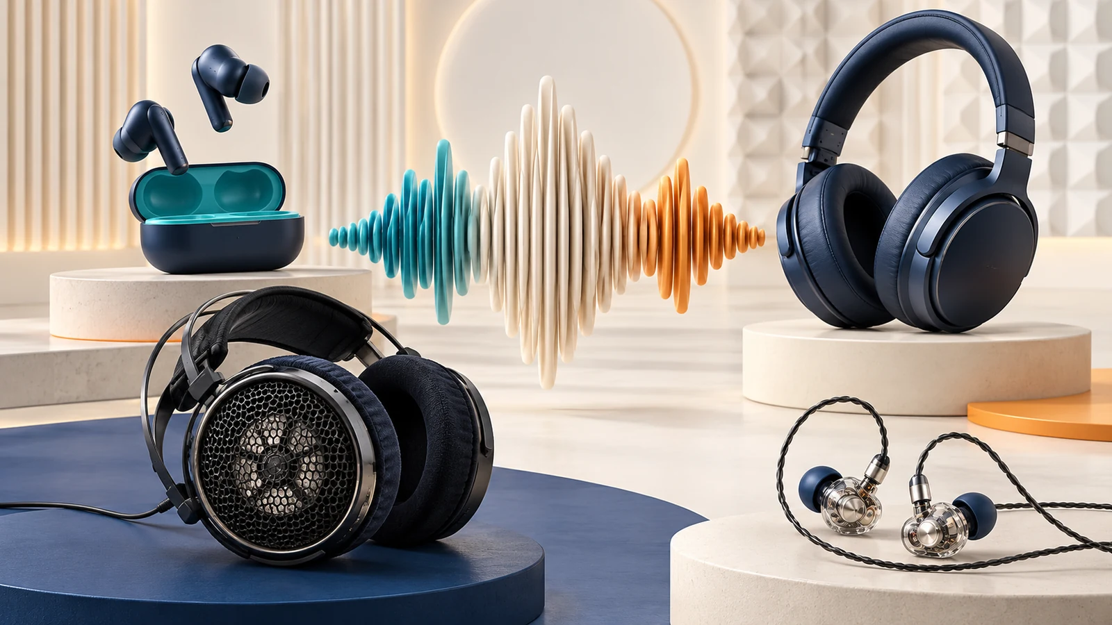 In-Ear-, geschlossene Over-Ear- und offene Kopfhörer rund um eine abstrakte Audiowelle