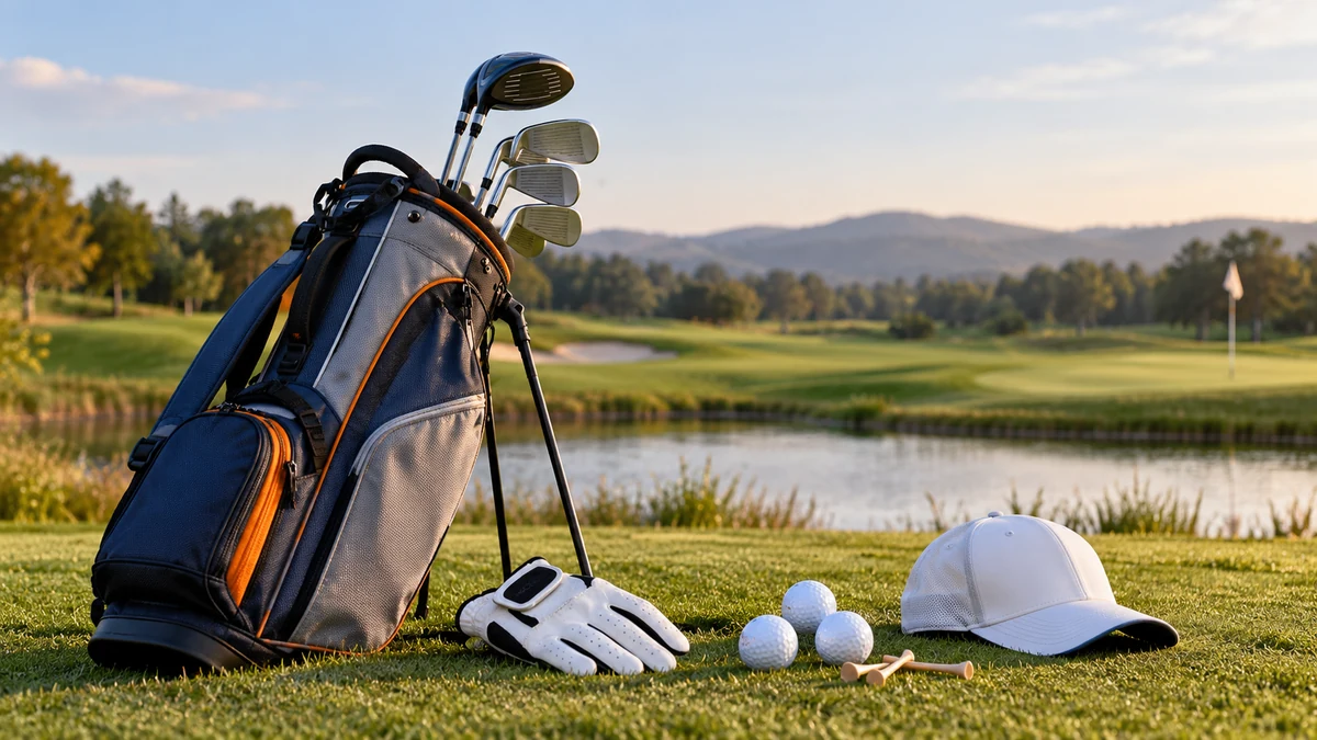 Typische unbeschriftete Produkte und Gegenstände aus dem Bereich Golf in einem redaktionellen Stillleben