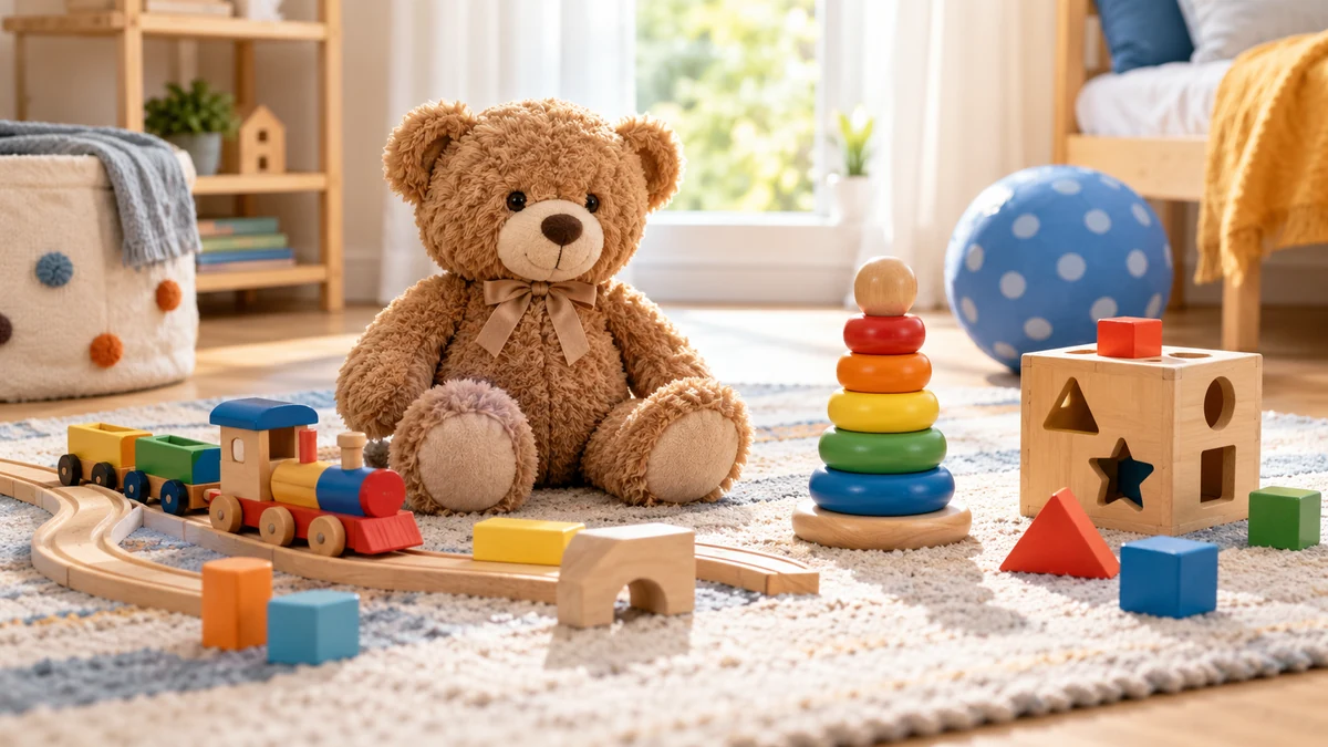 Typische unbeschriftete Produkte und Gegenstände aus dem Bereich Spielzeug in einem redaktionellen Stillleben