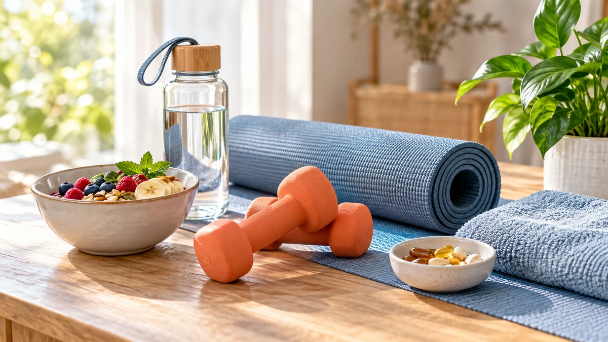 Typische unbeschriftete Produkte und Gegenstände aus dem Bereich Gesundheit in einem redaktionellen Stillleben