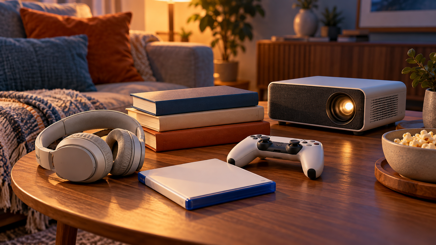 Bücher, Kopfhörer, Spielcontroller und Projektor auf einem Wohnzimmertisch
