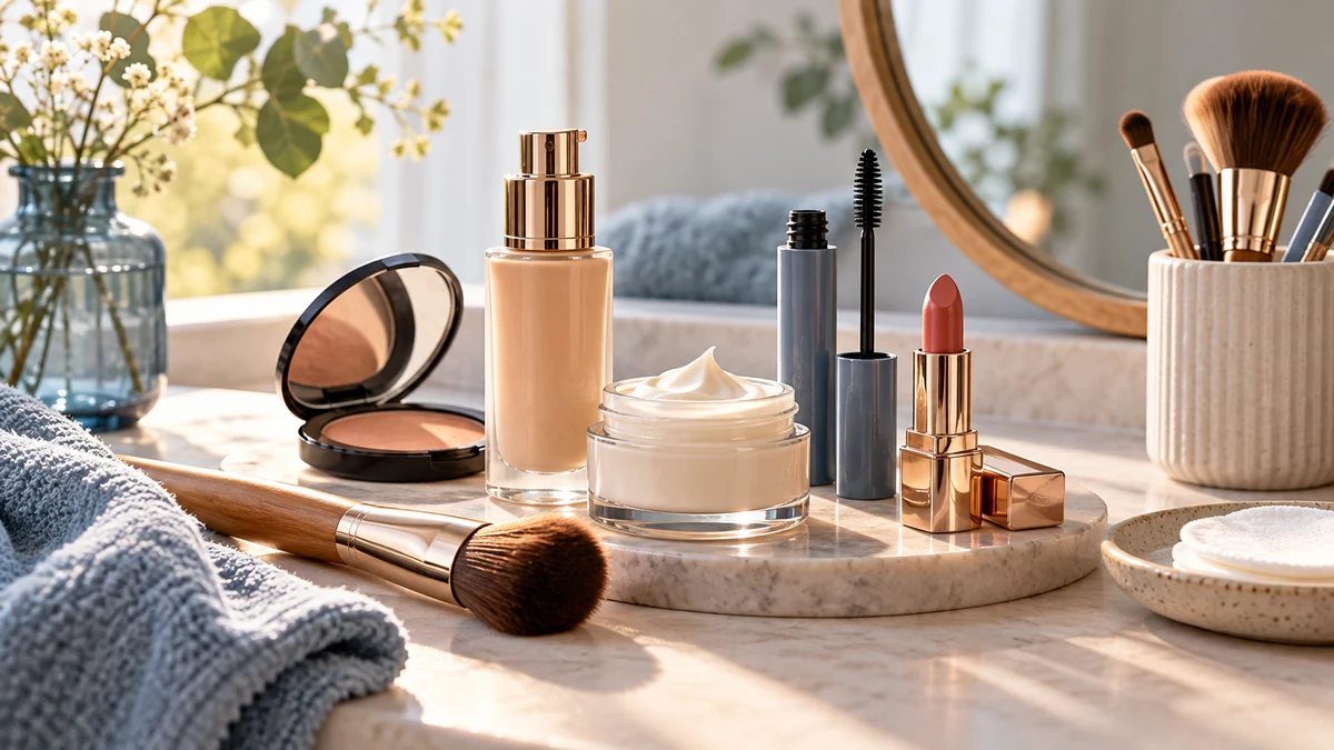 Typische unbeschriftete Produkte und Gegenstände aus dem Bereich Kosmetik in einem redaktionellen Stillleben