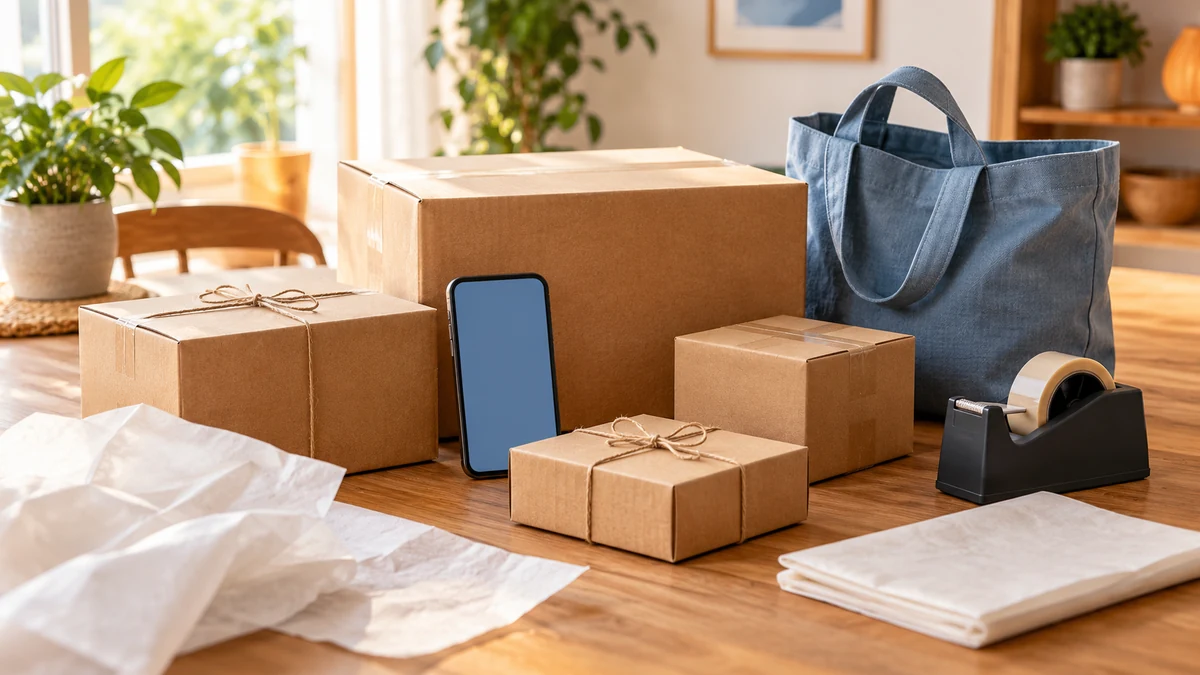 Neutrale Pakete, Einkaufstasche und Smartphone auf einem Packtisch