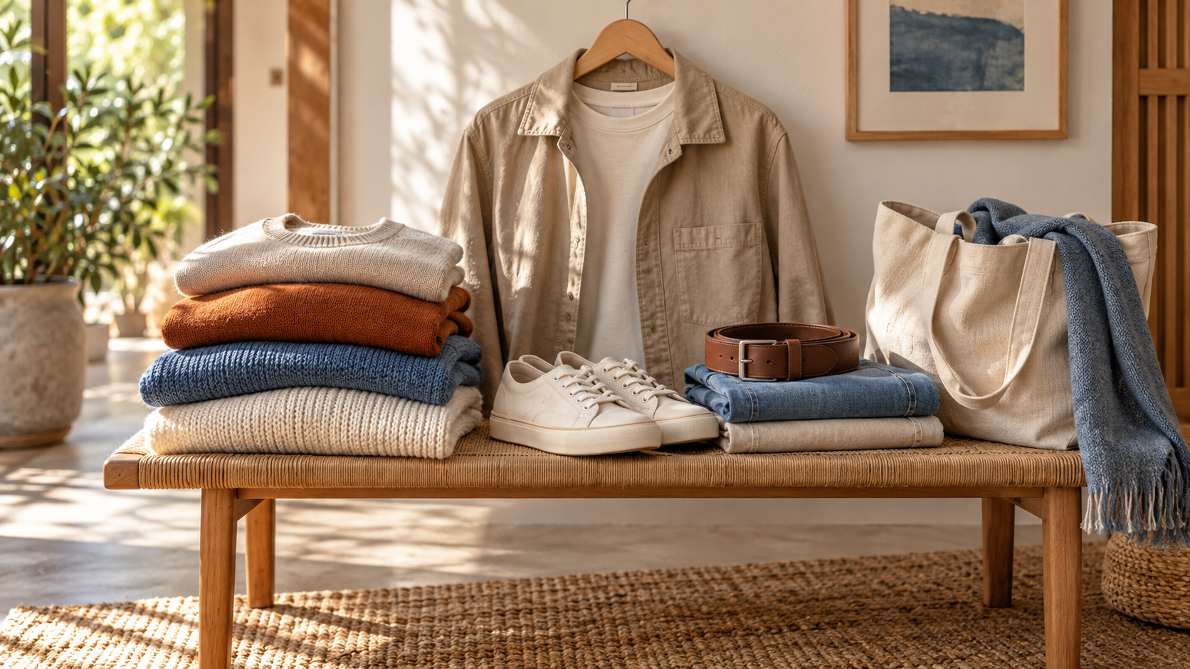 Gefaltete Kleidung, Jacke, Schuhe und Tasche auf einer Holzbank