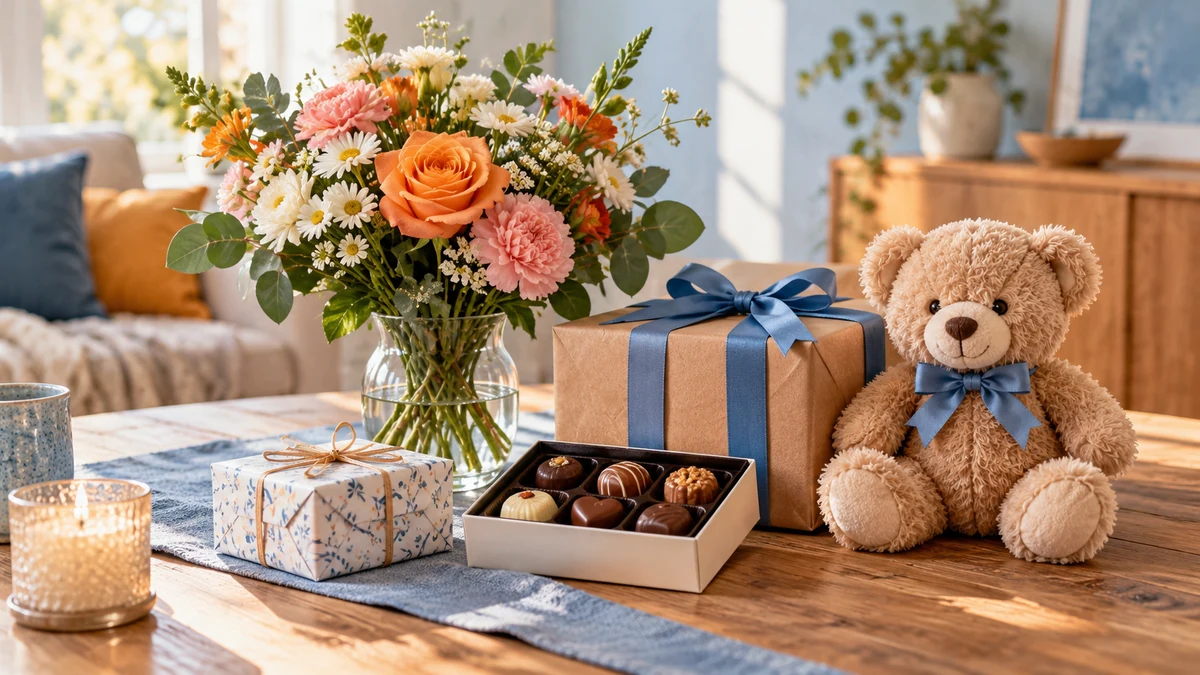 Typische unbeschriftete Produkte und Gegenstände aus dem Bereich Geschenke in einem redaktionellen Stillleben