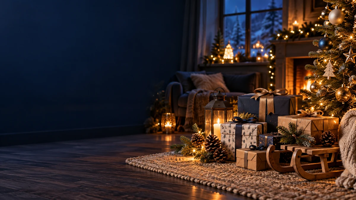 Festlich verpackte Geschenke, Tannenzweige und Lichter in einem winterlichen Wohnzimmer