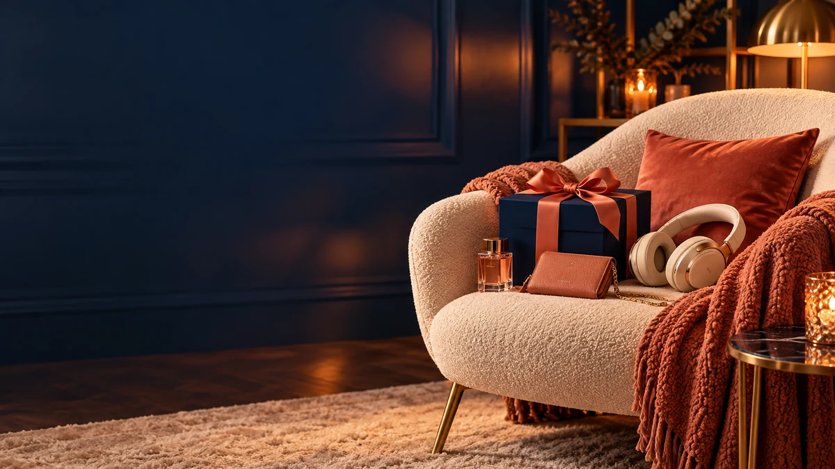 Gemütlicher Sessel mit Geschenk, Kopfhörern und Accessoires in warmen Farben
