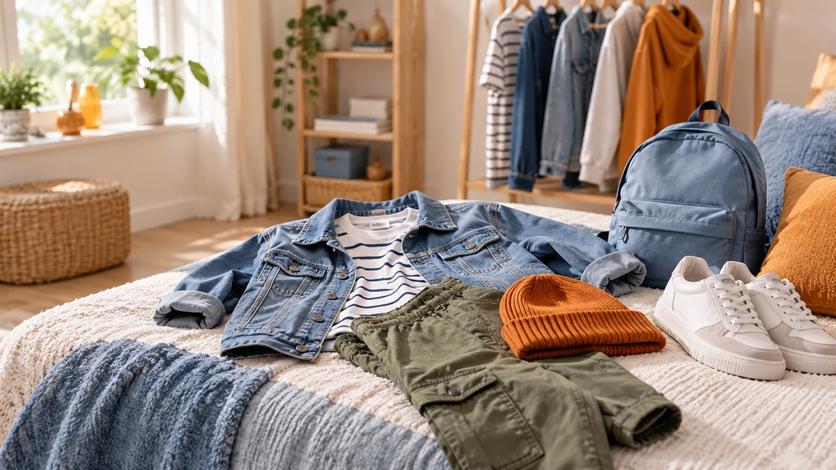 Typische unbeschriftete Produkte und Gegenstände aus dem Bereich Junge Mode in einem redaktionellen Stillleben