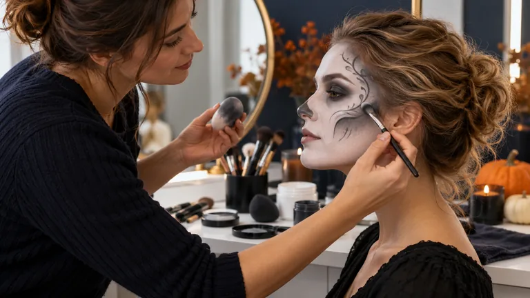 Eine Erwachsene trägt mit sauberen Pinseln ein schwarz-weißes Halloween-Make-up auf ein Gesicht auf.