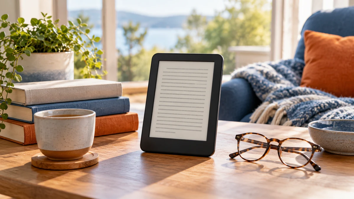 Typische unbeschriftete Produkte und Gegenstände aus dem Bereich E-Books in einem redaktionellen Stillleben