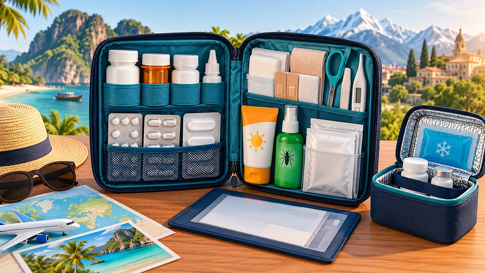 Geordnete Reiseapotheke mit neutral verpackter Dauermedikation, Wundversorgung, Sonnenschutz, Dokumenten und Kühltasche
