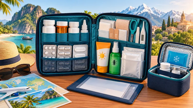 Geordnete Reiseapotheke mit neutral verpackter Dauermedikation, Wundversorgung, Sonnenschutz, Dokumenten und Kühltasche