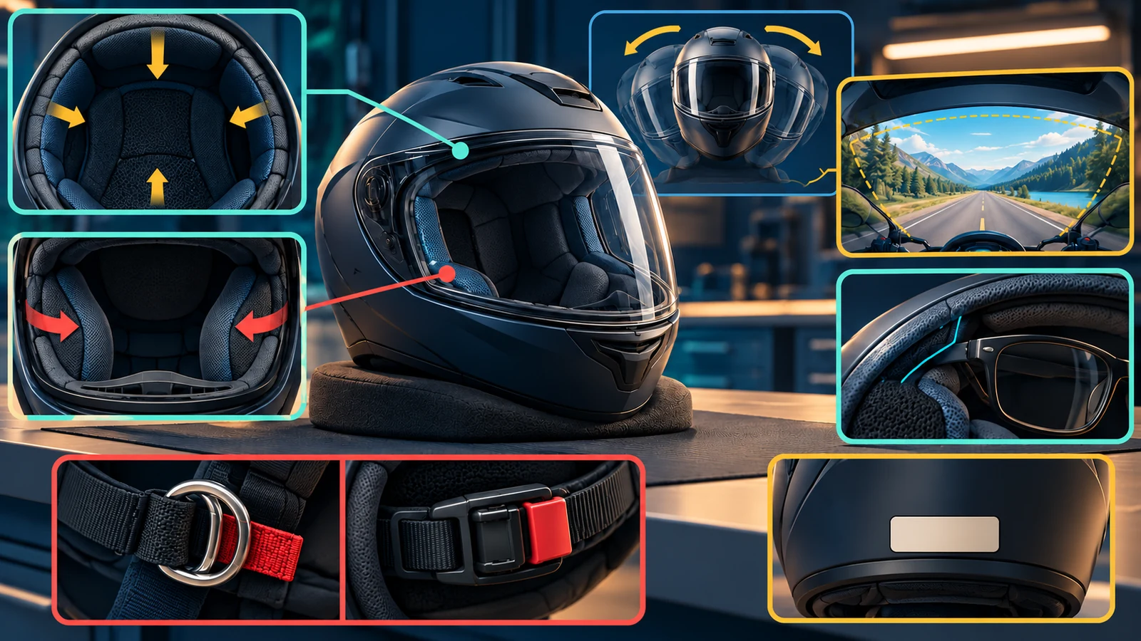 Markenfreier Integralhelm mit Passformzonen, Abrolltest, Sichtfeld, Brillenkanal und zwei Verschlussarten
