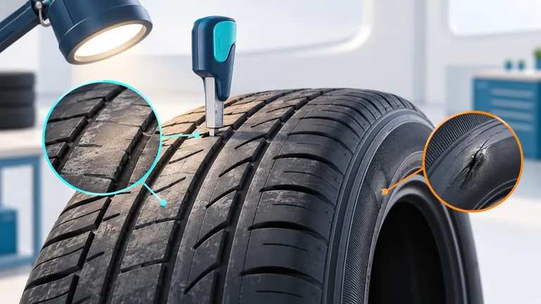 Profiltiefenmesser an einem Autoreifen mit markierter Flankenprüfung