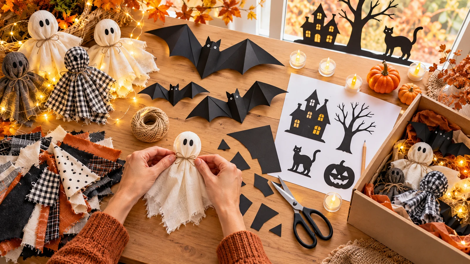 Selbst gemachte Halloween-Girlande, Stoffgeister und sichere LED-Lichter auf einem Basteltisch.