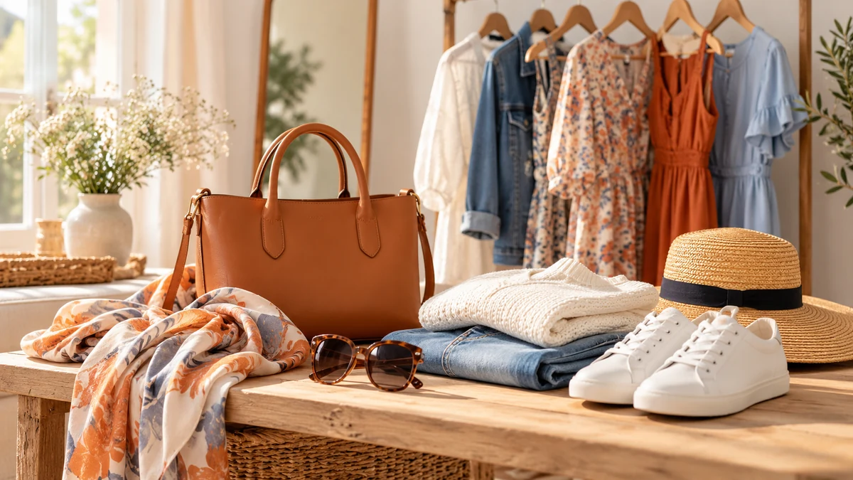Typische unbeschriftete Produkte und Gegenstände aus dem Bereich Damenmode in einem redaktionellen Stillleben