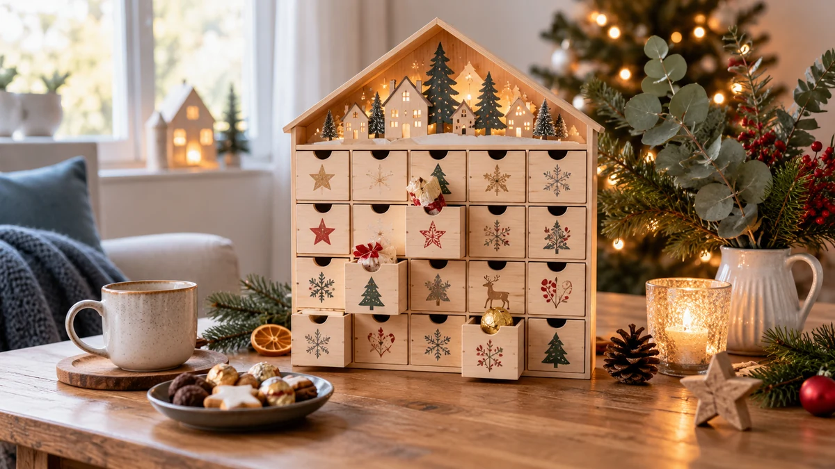 Typische unbeschriftete Produkte und Gegenstände aus dem Bereich Adventskalender in einem redaktionellen Stillleben