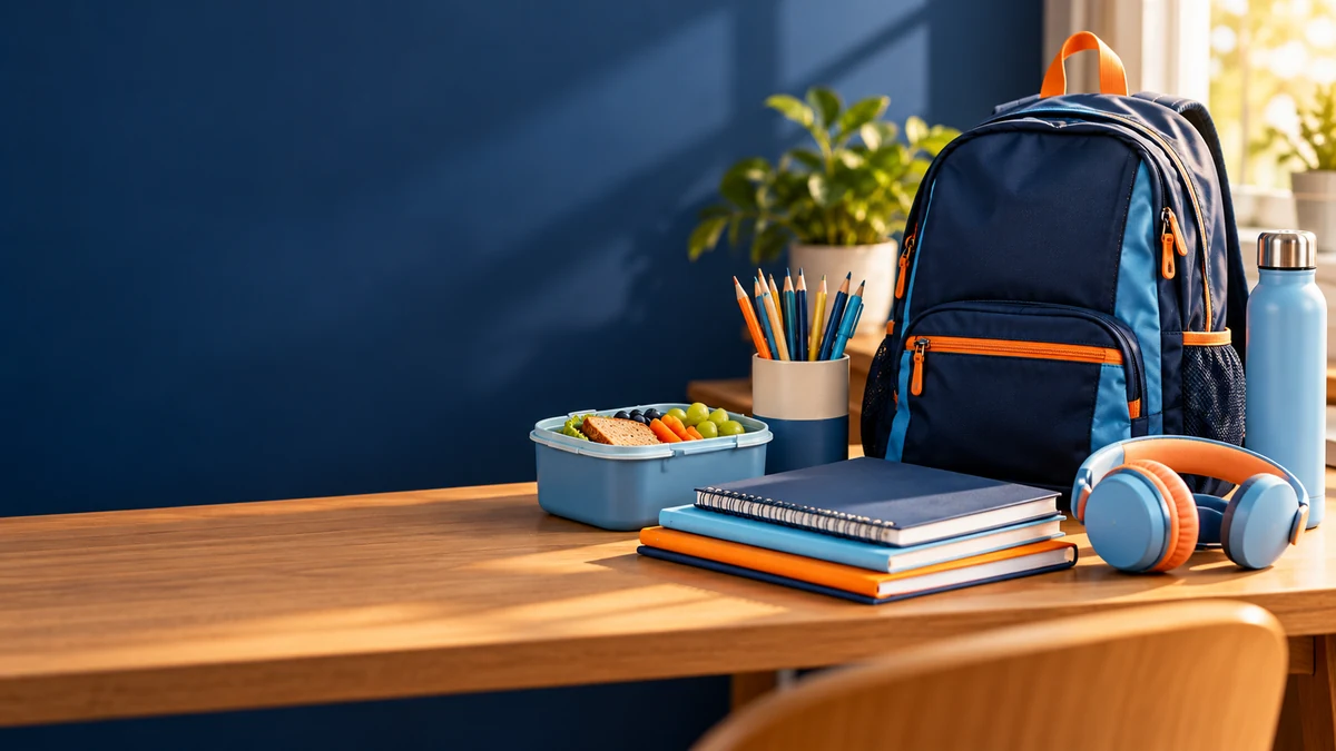 Schreibtisch mit Rucksack, Heften, Stiften, Brotdose und Kopfhörern