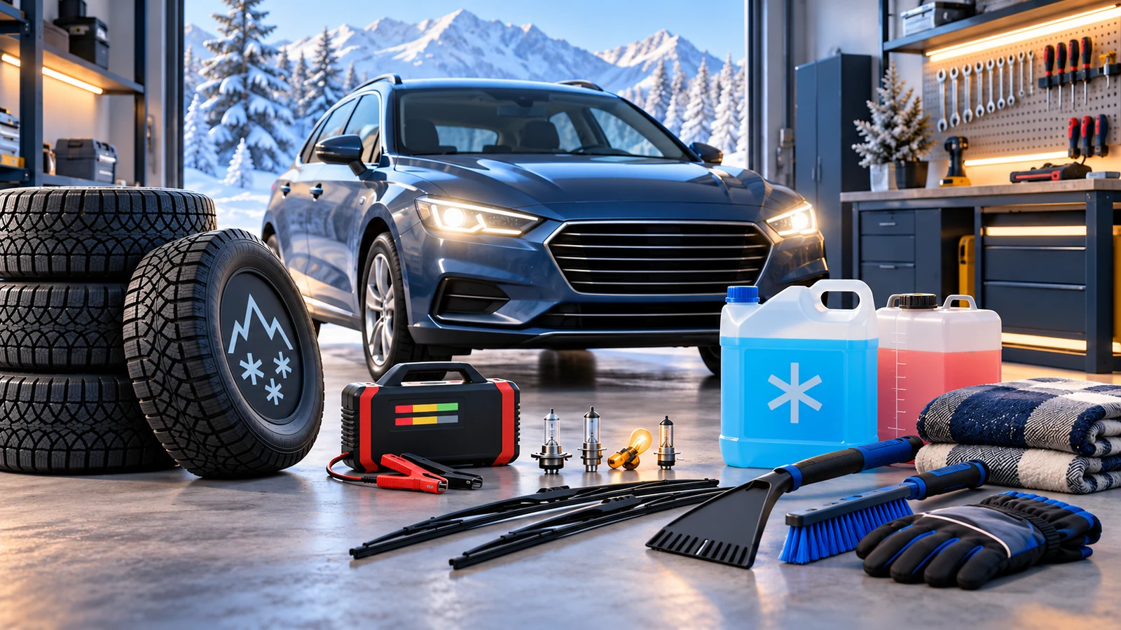 Markenfreies Auto mit Winterreifen, Batterietester, Leuchtmitteln, Wischern, Winterflüssigkeit und Notfallausstattung