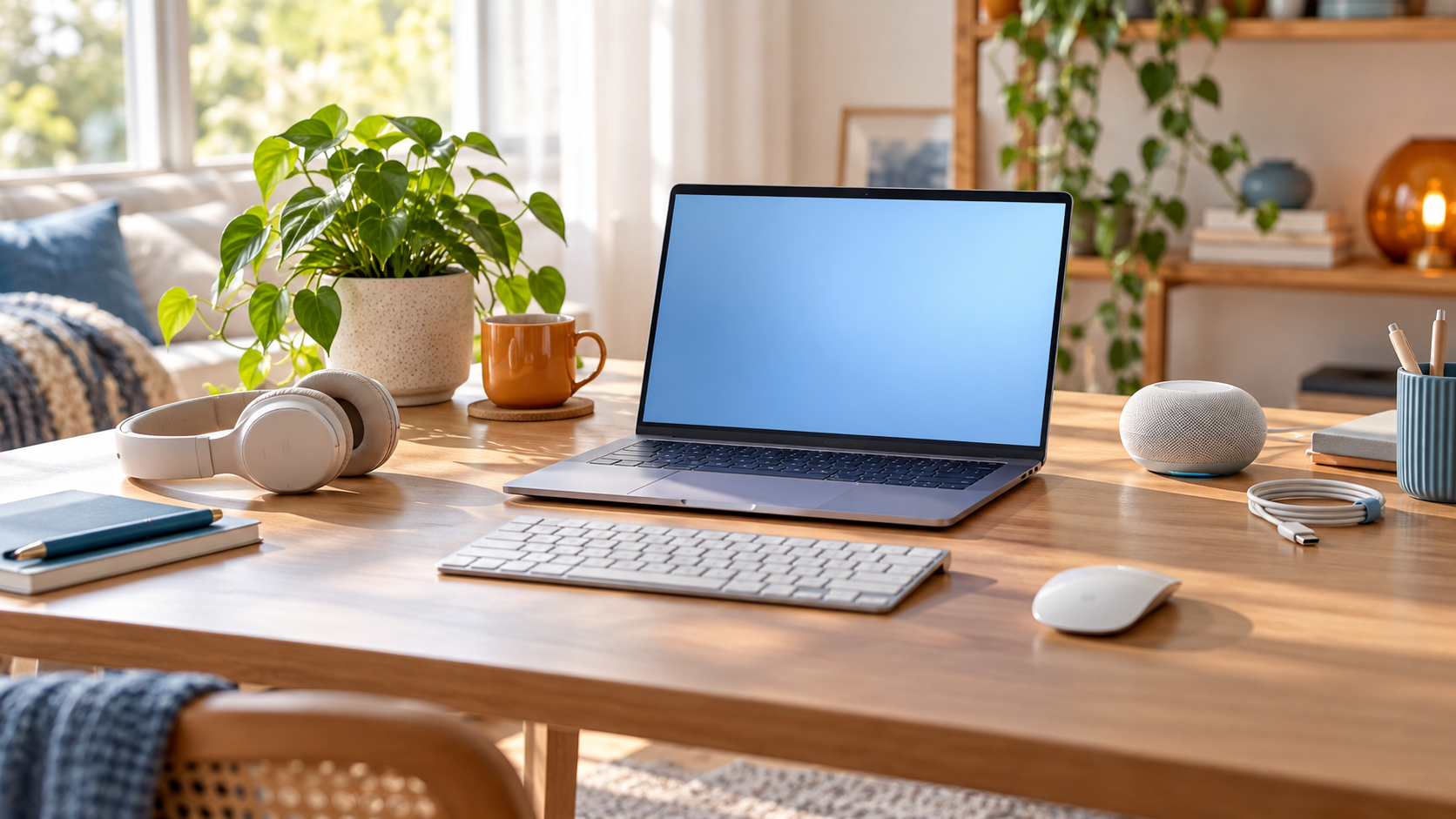 Laptop, Tastatur, Kopfhörer und Lautsprecher auf einem Schreibtisch