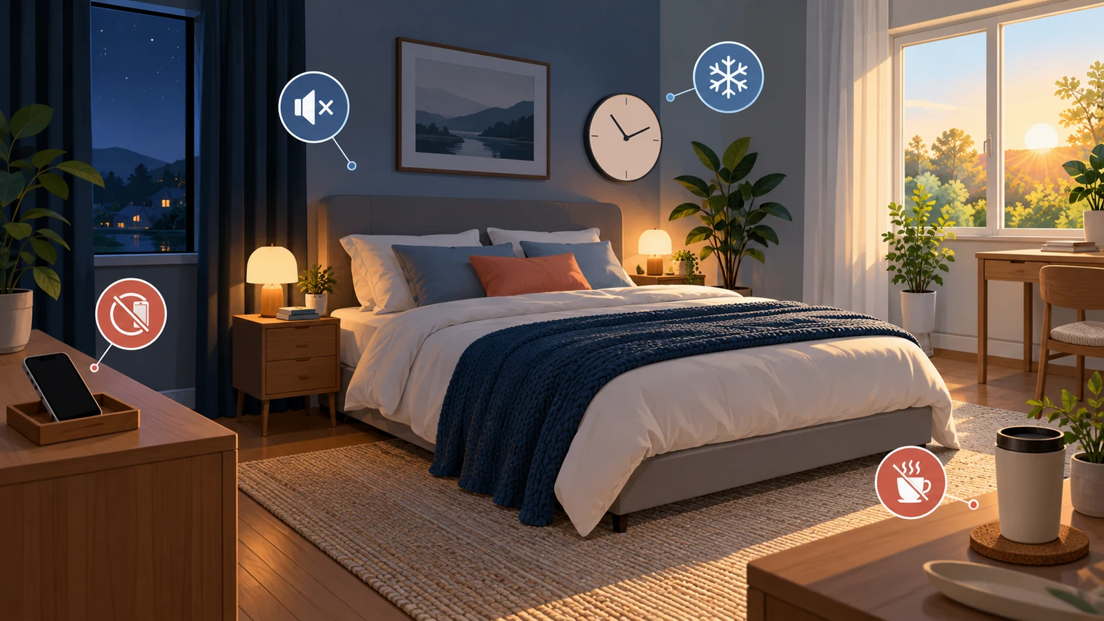 Ruhiges dunkles Schlafzimmer mit Morgenlicht, entferntem Smartphone und Symbolen für Ruhe und kühle Luft