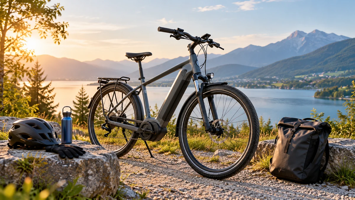 Typische unbeschriftete Produkte und Gegenstände aus dem Bereich E-Bikes in einem redaktionellen Stillleben
