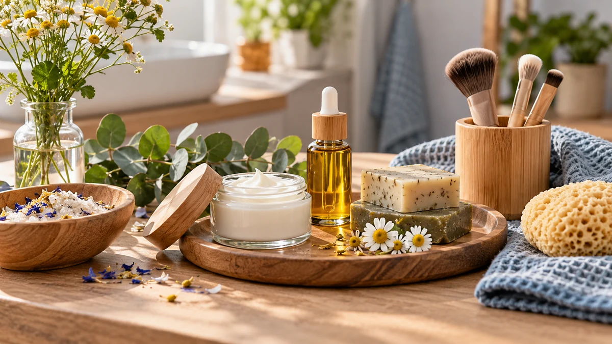 Typische unbeschriftete Produkte und Gegenstände aus dem Bereich Naturkosmetik in einem redaktionellen Stillleben