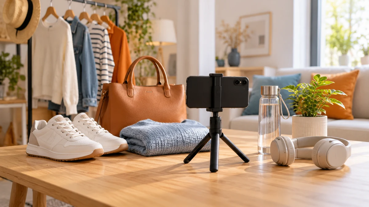 Typische unbeschriftete Produkte und Gegenstände aus dem Bereich Liveshopping & Deals in einem redaktionellen Stillleben