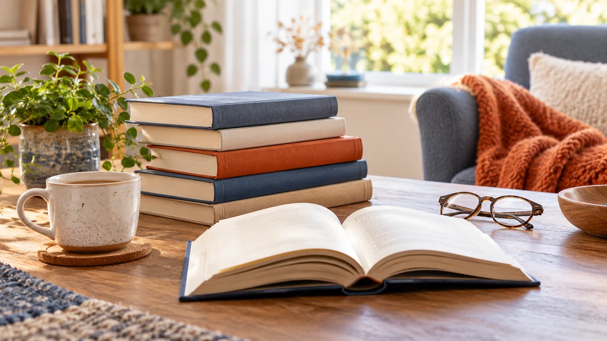 Typische unbeschriftete Produkte und Gegenstände aus dem Bereich Bücher in einem redaktionellen Stillleben