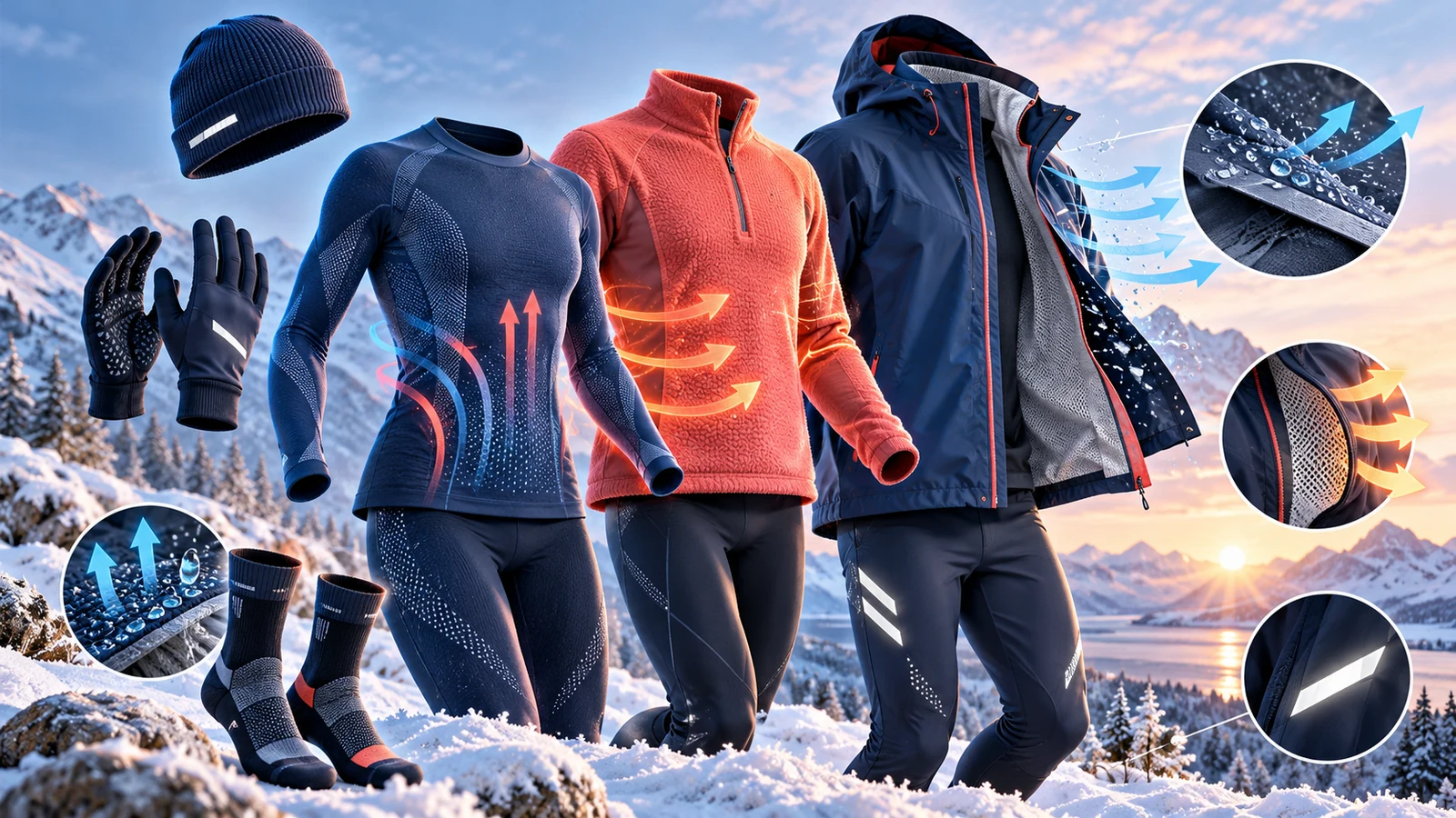 Markenfreie Basis-, Isolations- und Wetterschutzlage mit Mütze, Handschuhen, Socken und Reflektoren