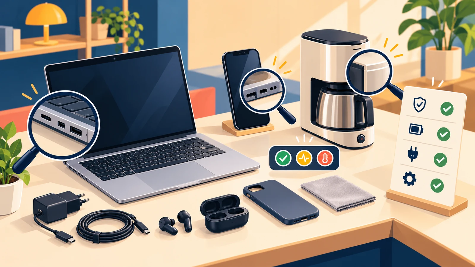 Gebrauchter Laptop, Smartphone und Haushaltsgerät werden mit Lupe und Zubehör geprüft