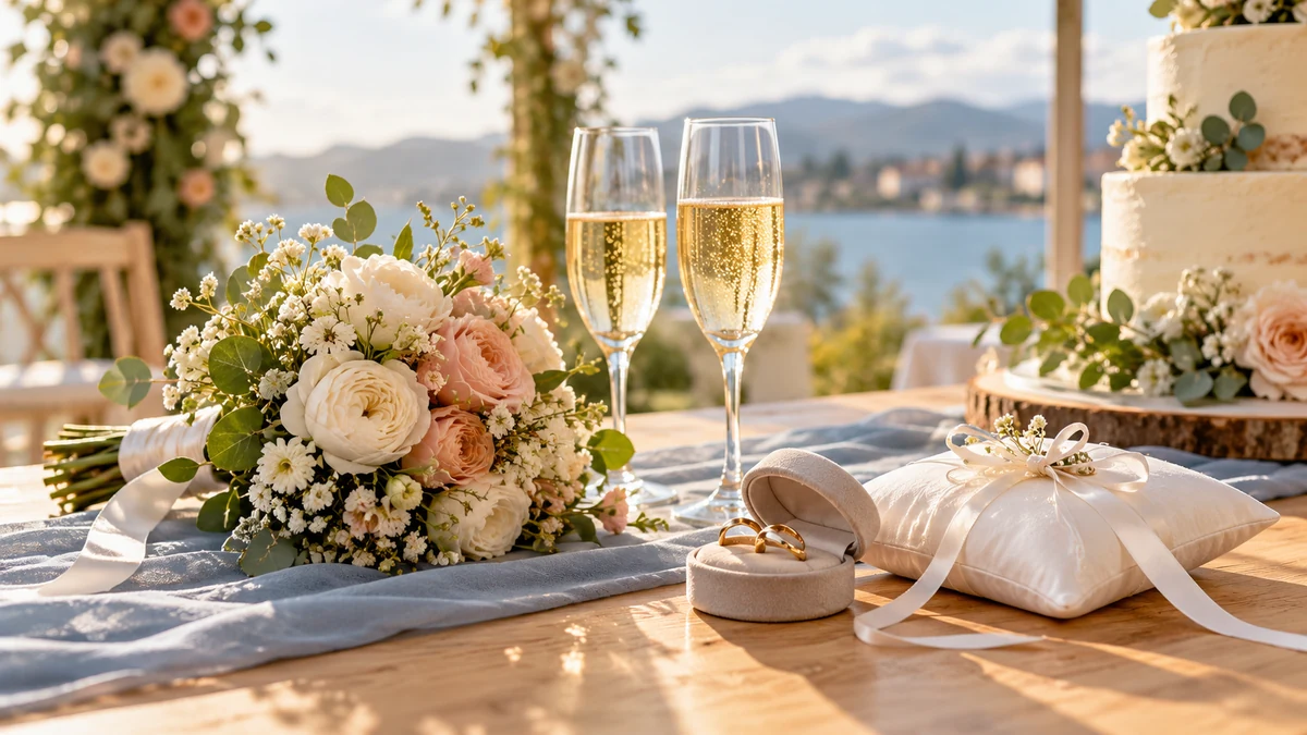Typische unbeschriftete Produkte und Gegenstände aus dem Bereich Hochzeit in einem redaktionellen Stillleben