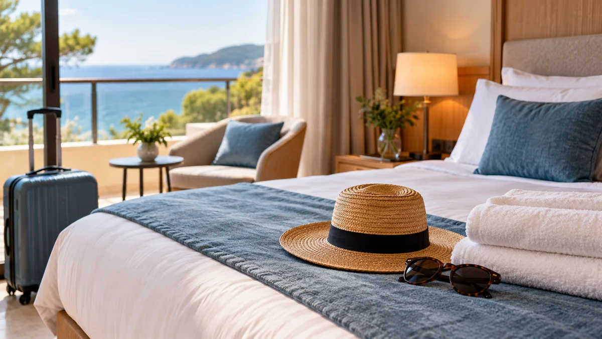Typische unbeschriftete Produkte und Gegenstände aus dem Bereich Hotels in einem redaktionellen Stillleben
