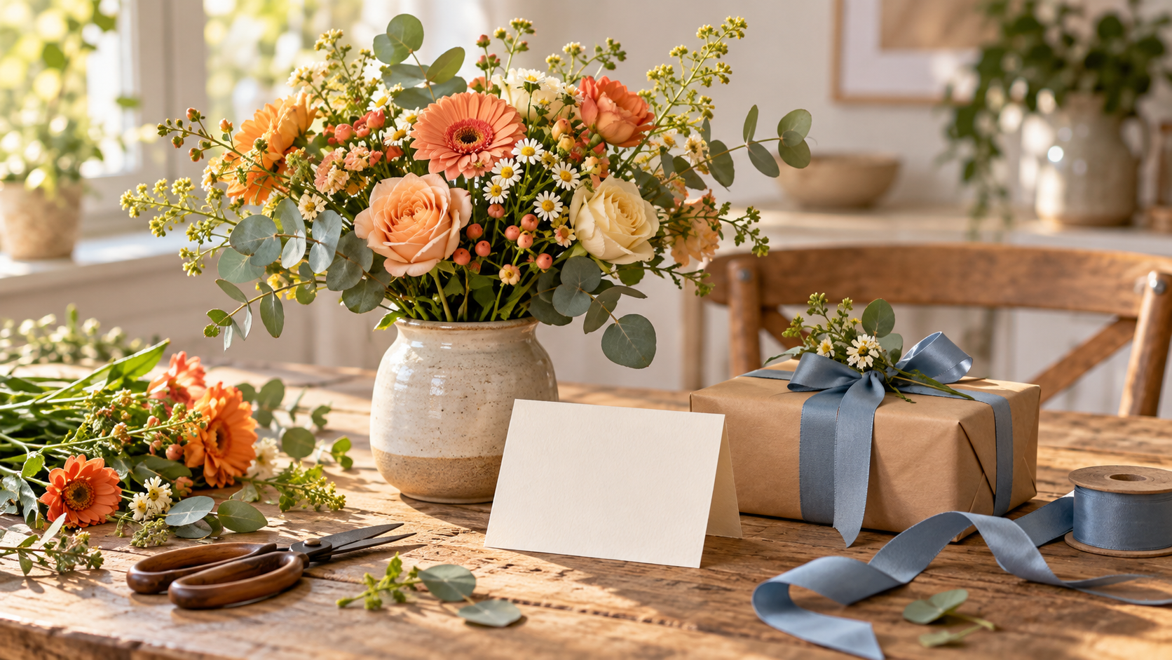 Blumenstrauß, verpacktes Geschenk und leere Grußkarte auf einem Holztisch