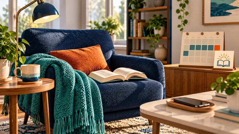 Vorbereiteter Leseplatz mit Buch, Lampe, Kalender und beiseitegelegtem Smartphone