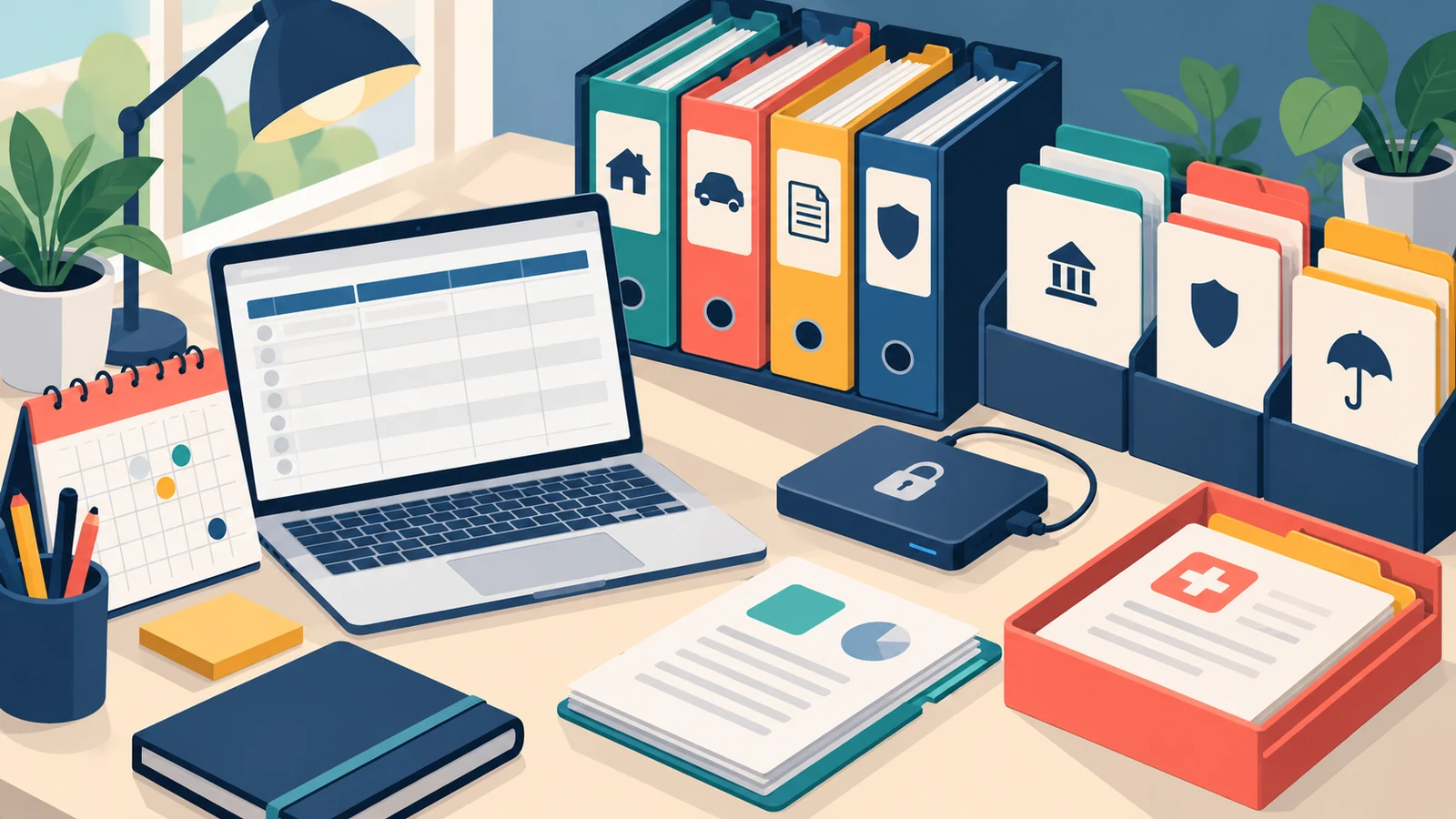Finanzübersicht mit Kontenplan, Fristenkalender, Vertragsordnern, verschlüsseltem Backup und Notfallmappe