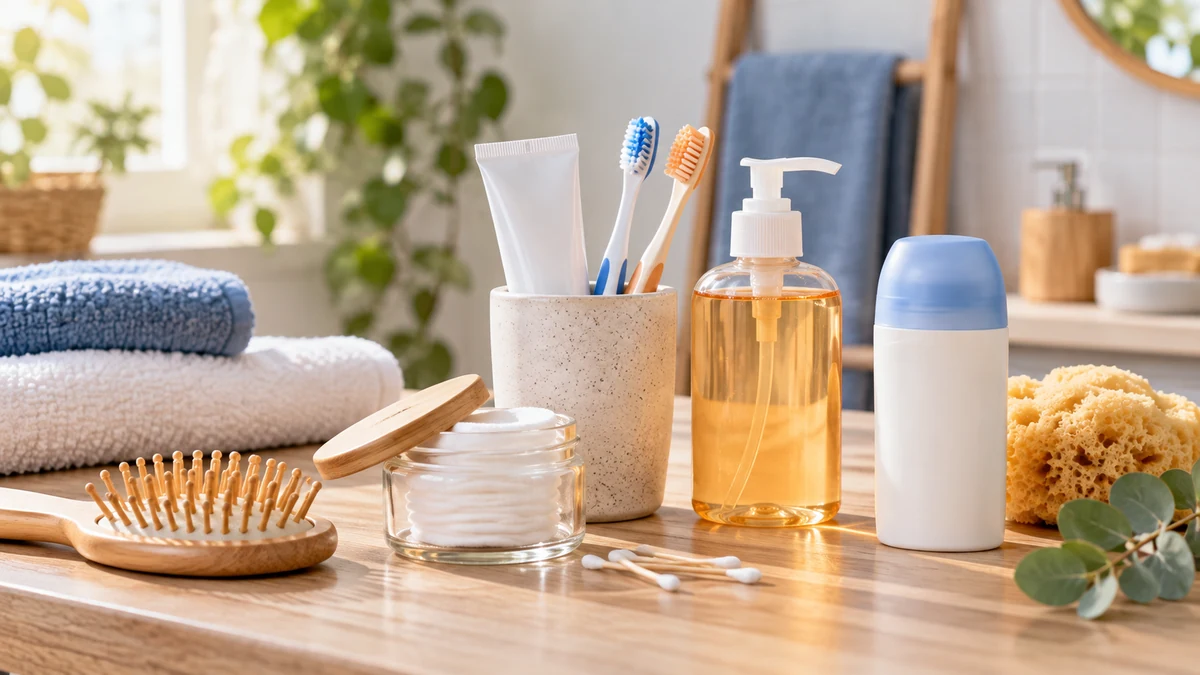Typische unbeschriftete Produkte und Gegenstände aus dem Bereich Drogerie in einem redaktionellen Stillleben