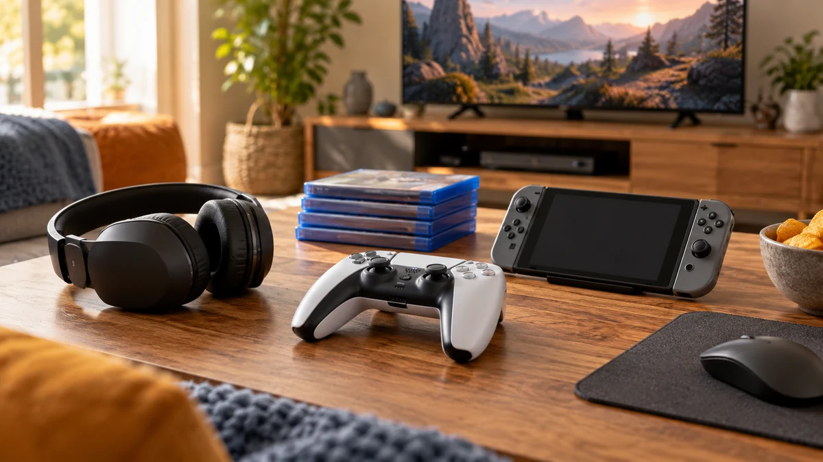 Typische unbeschriftete Produkte und Gegenstände aus dem Bereich Computer- & Videospiele in einem redaktionellen Stillleben