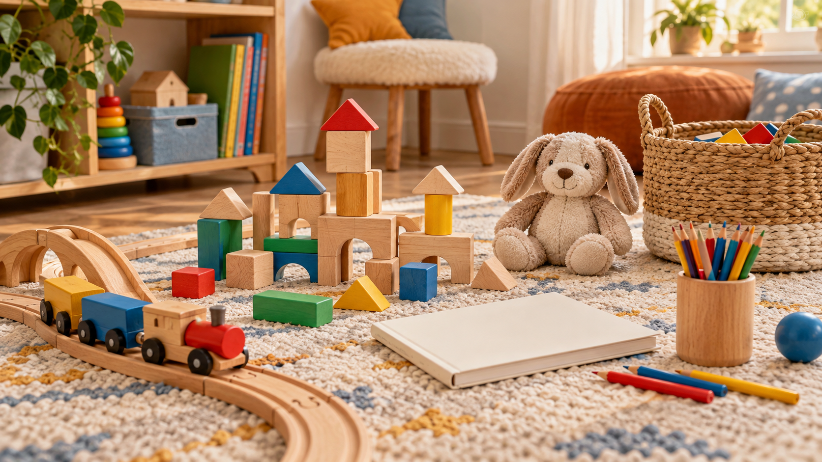 Holzbausteine, Spielzeugeisenbahn und Stofftier in einem hellen Spielzimmer