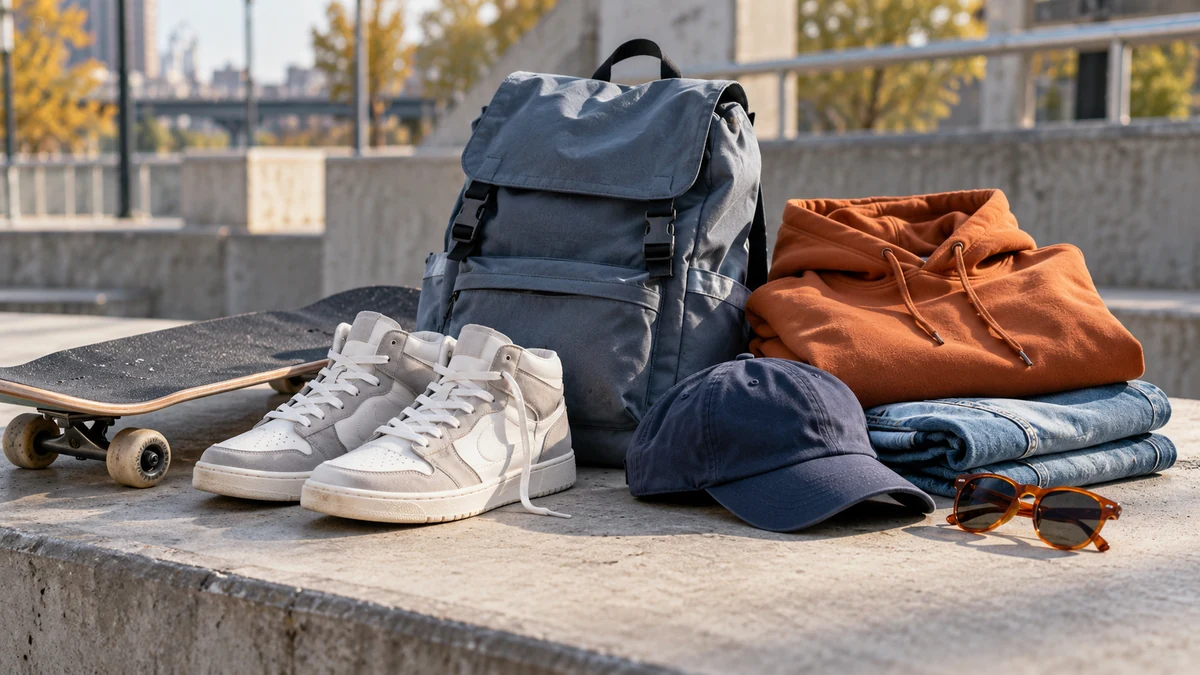 Typische unbeschriftete Produkte und Gegenstände aus dem Bereich Streetwear in einem redaktionellen Stillleben