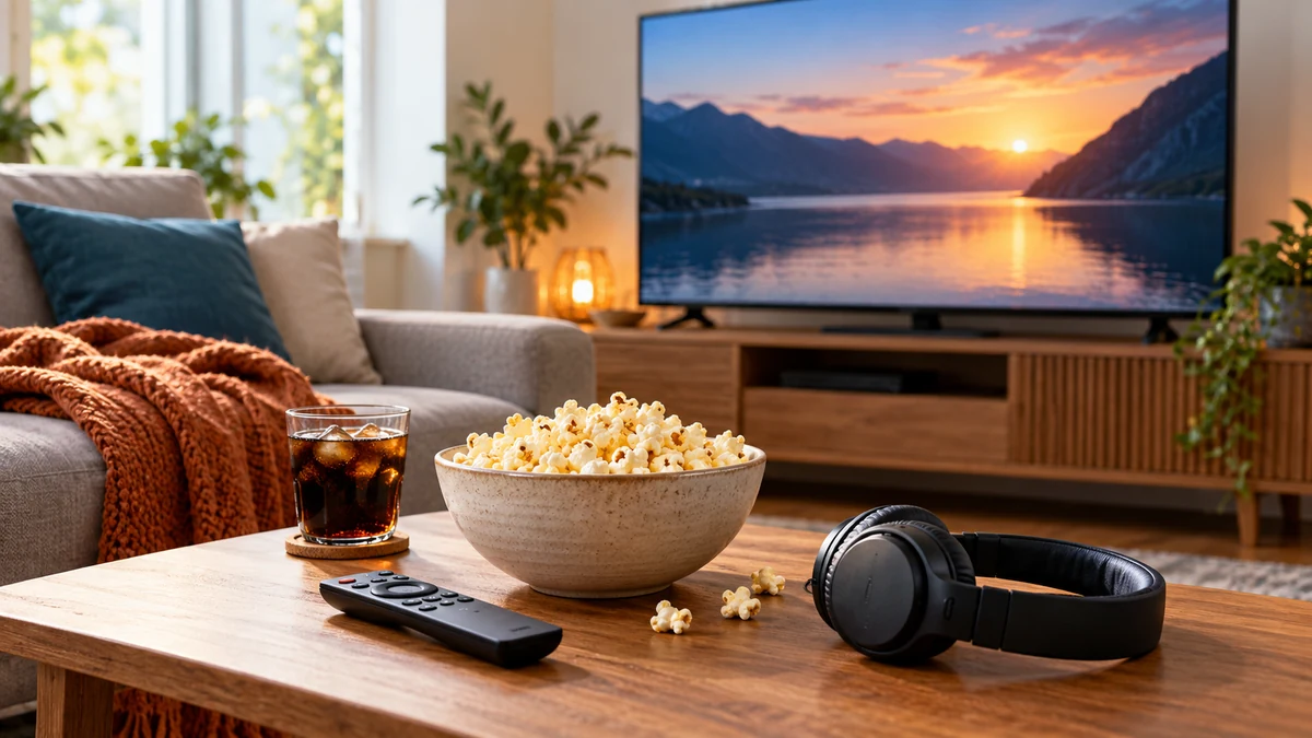 Typische unbeschriftete Produkte und Gegenstände aus dem Bereich Filme & Streaming in einem redaktionellen Stillleben