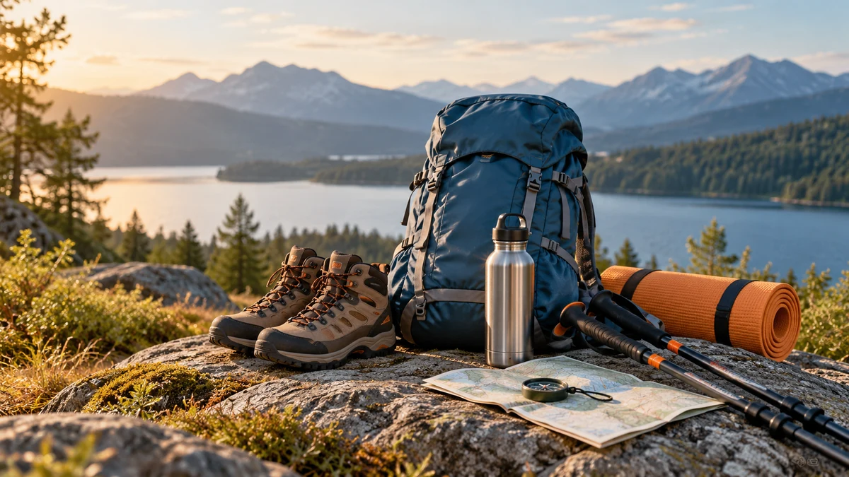 Typische unbeschriftete Produkte und Gegenstände aus dem Bereich Outdoor in einem redaktionellen Stillleben