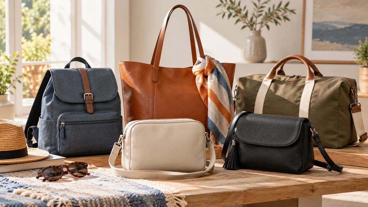Typische unbeschriftete Produkte und Gegenstände aus dem Bereich Taschen in einem redaktionellen Stillleben