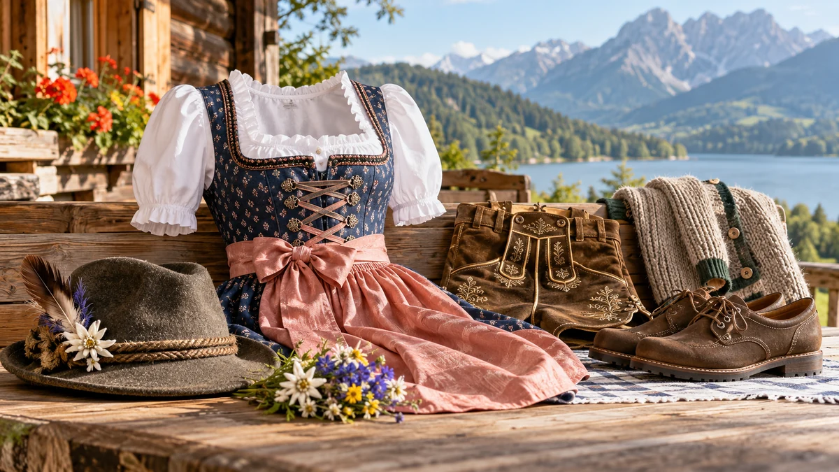 Typische unbeschriftete Produkte und Gegenstände aus dem Bereich Kostüme, Trachten & Landhausmode in einem redaktionellen Stillleben